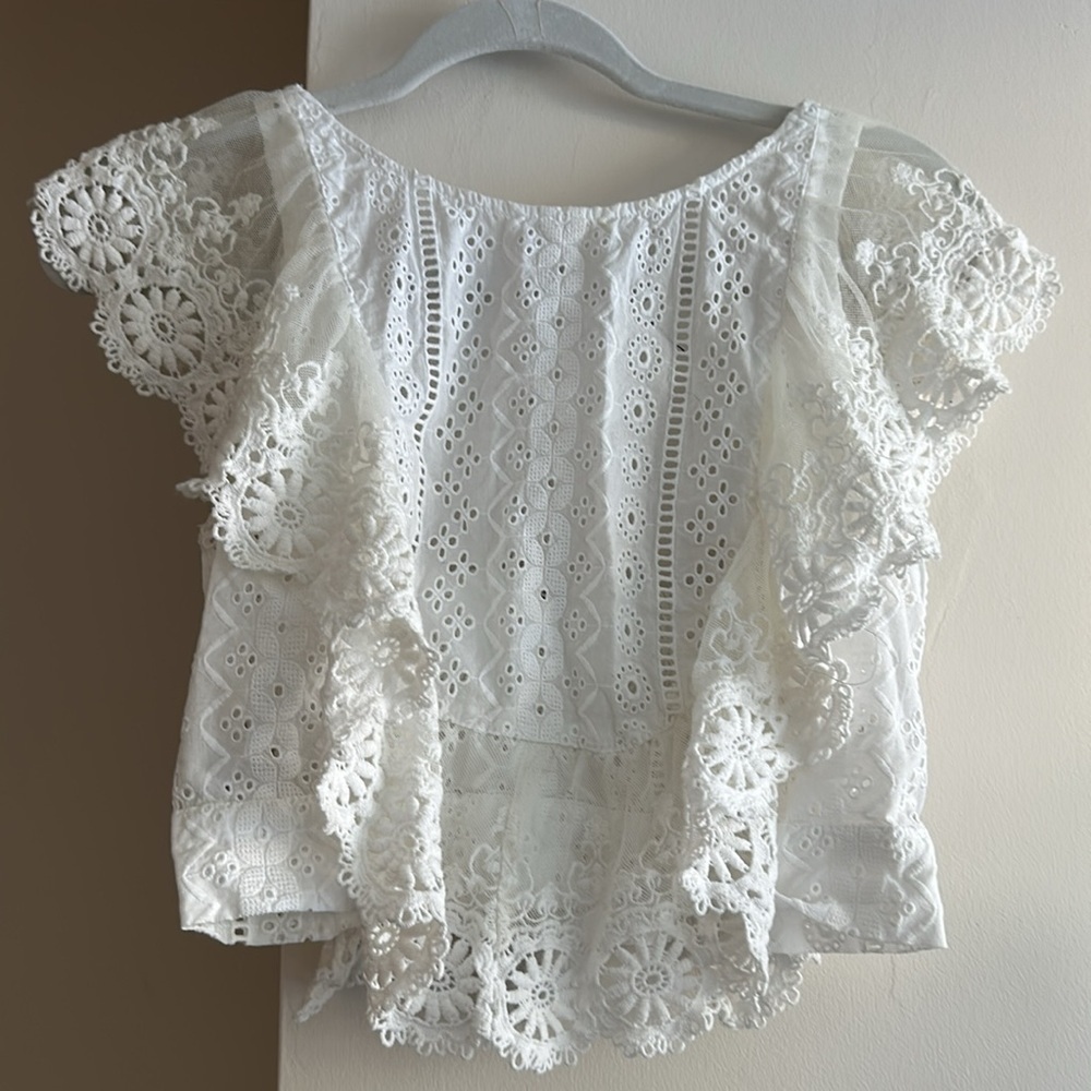 Free People Aurelia Eyelet Top White Cropped Lace Tieback Extra Small EUC - Picture 3 of 6